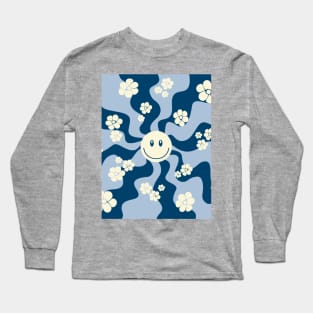 Smile in Dark Blue, Light Blue and Cream Long Sleeve T-Shirt